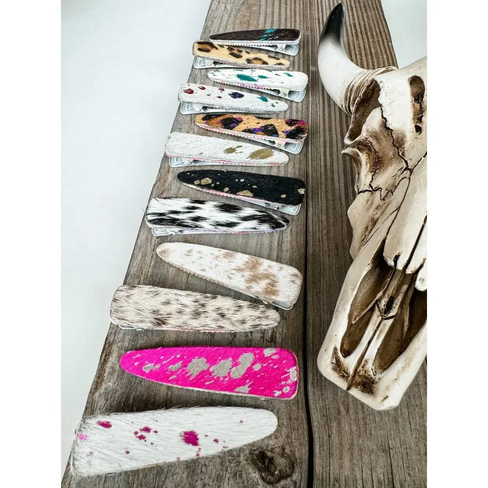 Western Hair-On Cowhide Barrette | Leopard & Rainbow